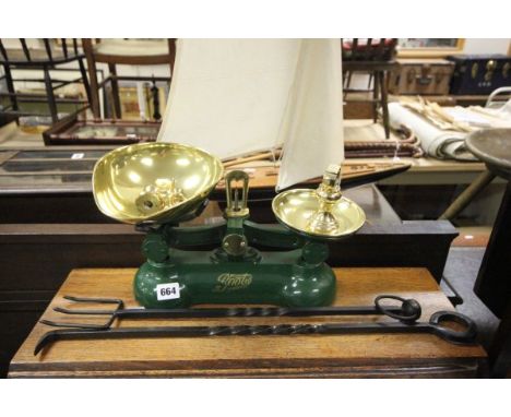 Green Enamelled 'Boots' Set of Scales with Brass Pans and Weights plus an Iron Poker and Fork