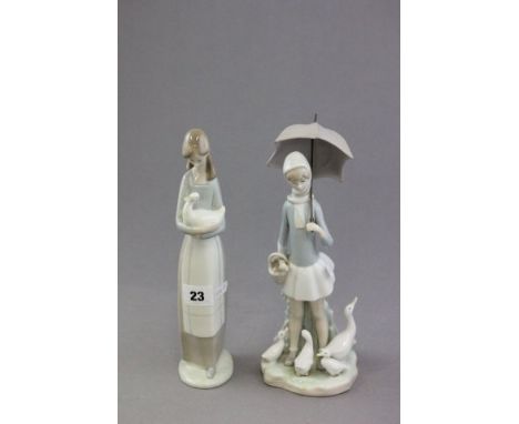 Lladro Figure of a Girl with Umbrella &amp; Ducks (a/f) together with a Nao Figure of Girl holding a Goose