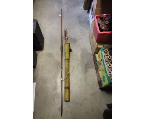 Old Long Bow by Aldred of London together with Various Arrows and Metal Holder