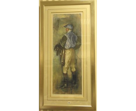 Large Framed and Glazed Print of a Jockey dressed in blue colours and carrying a saddle, signed limited edition number 104/12