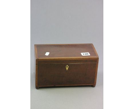 Early 19th century Mahogany Tea Caddy with Boxwood & Ebony Inlaid, Ivory Escutcheon and raised on four ball feet (no fitted i