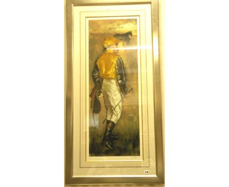 Large Framed and Glazed Print of a Jockey dressed in yellow colours and carrying a saddle, signed limited edition number 114/