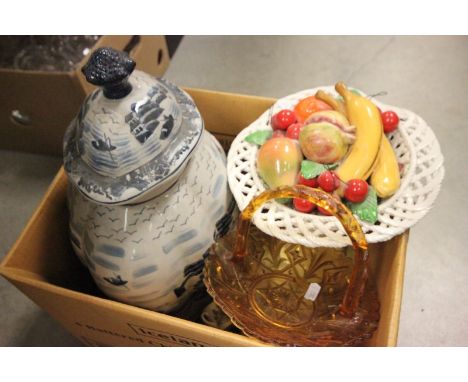 Quantity of Crested Souvenir Ceramics, Large Oriental Blue and White Jar & Lid, Ceramic Centre Bowl with Fruits and a Glass B