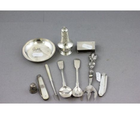 Tray of Silver Items including Penknives, Shaker, Fork, Matchbox Holder, etc