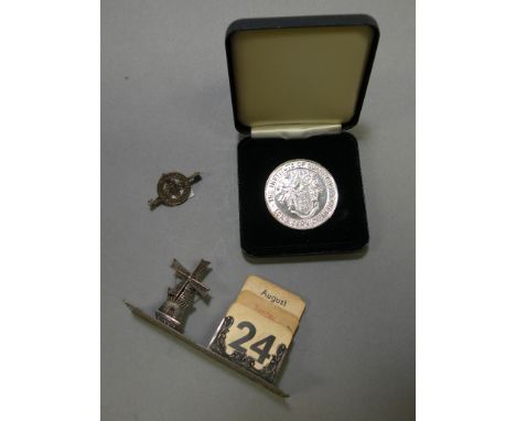 Silver Girl Guides Badge, Cased Silver 'Institute of Quarrying' Medal and a White Metal Windmill Desk Calendar