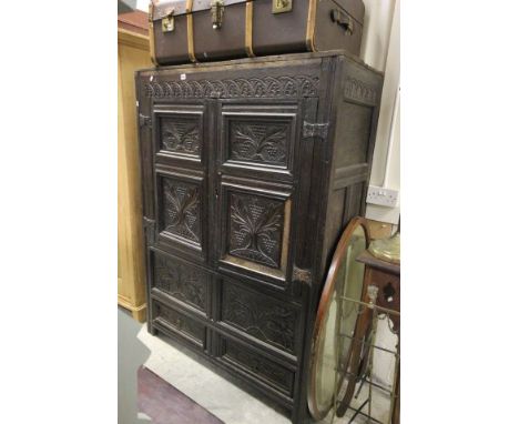 Antique Oak Livery Cupboard with Two Carved Panel Doors, possible 17th / 18th century Pink Upholstered Day Bed