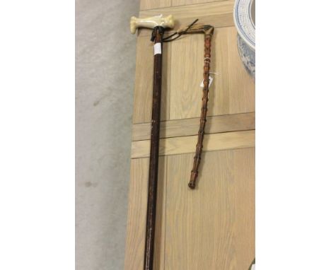 Horn Handled and Bamboo Riding Crop together with a Walking Stick