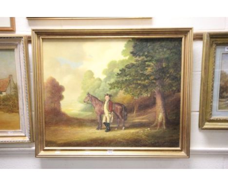 Gilt Framed Oil on Canvas of 18th century Gentleman stood by Horse in Landscape signed M Lyndi?