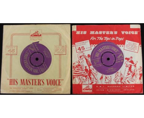 ELVIS SINGLES - FIRST PRESSINGS - Two x 7" singles, both purple and gold HMV label first UK pressings. We have Playing For Ke