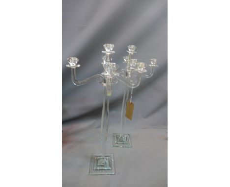 A pair of glass five light candelabras. H.80cm 