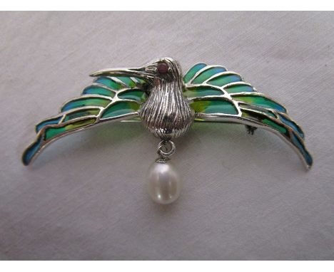 Silver &amp; champlevé enamel bird brooch