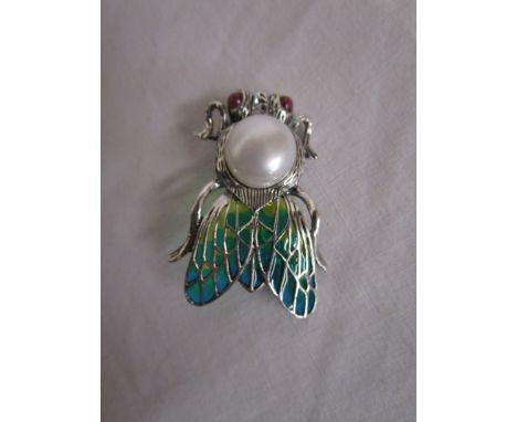 Silver &amp; champlevé enamel bug brooch