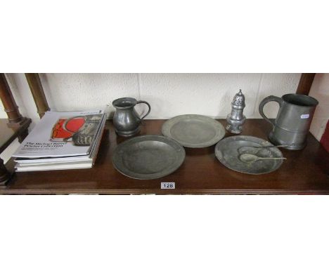 Shelf of pewter to include reference books
