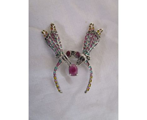 Silver &amp; champlevé enamel dragonfly brooch