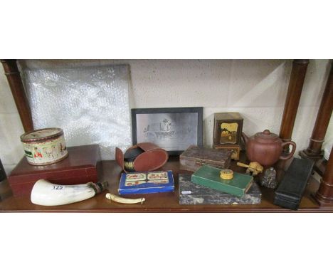 Shelf of collectables to include chess set with glass board