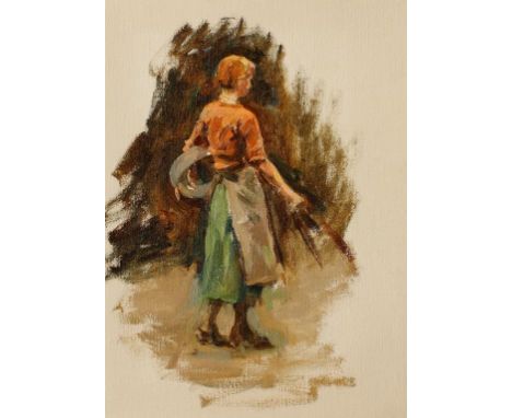 •STANHOPE ALEXANDER FORBES RA (1857-1947) "Sketch of a farm girl with sieve", oil on prepared board, 13.25" x 9.5". See illus