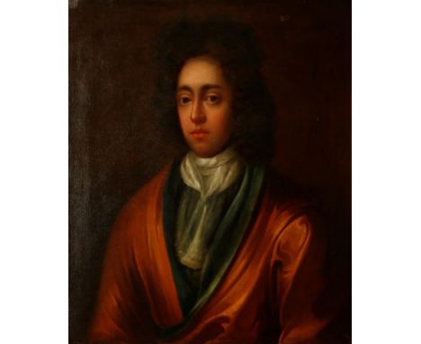 DUTCH SCHOOL, 18th century A half-length portrait study of a gentleman wearing a copper coloured jacket with green lapels, oi