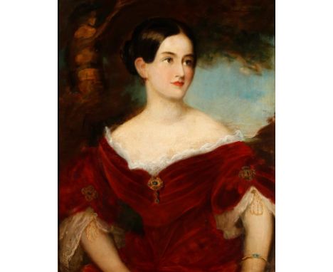 ENGLISH SCHOOL, 19th century A half-length portrait of a lady wearing a red dress with lace trim, with a tree beyond, inscrib