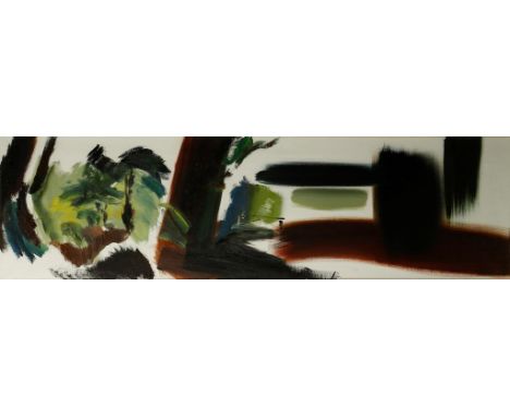 •JOHN HITCHENS (1940-) 'Beyond Badger's Gate', signed lower right, signed and titled verso, oil on canvas, 16.5" x 59". See i
