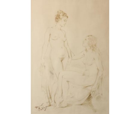 •FRANCO MATANIA (1922-2006) Two nudes conversing, signed lower left in pastel, monochrome pastel sketch, 28.75" x 20"  Proven