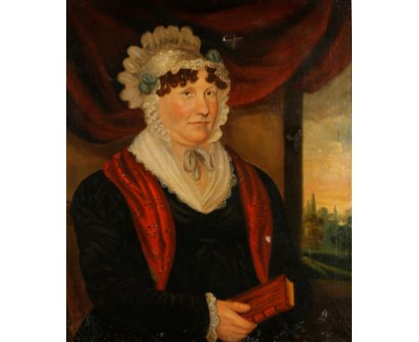 ENGLISH SCHOOL, 19th century A half-length portrait of a lady wearing a lace bonnet and holding a leather bound book, with a 