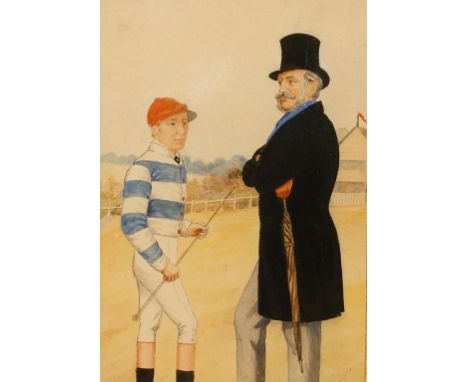 ATTRIBUTED TO ROBERT HILLS "Taken at Tattersalls", a full length profile portrait of the Duke of Beaufort and the jockey Char
