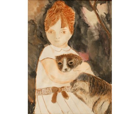 PRIMITIVE AMERICAN SCHOOL (?) Three quarter length portrait of a girl in a white dress cuddling her dog, watercolour, 10.5" x