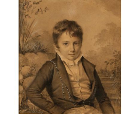 ENGLISH SCHOOL, early 19th century A portrait study of a young boy wearing a ruffled collar, buttoned jacket with steps of fo