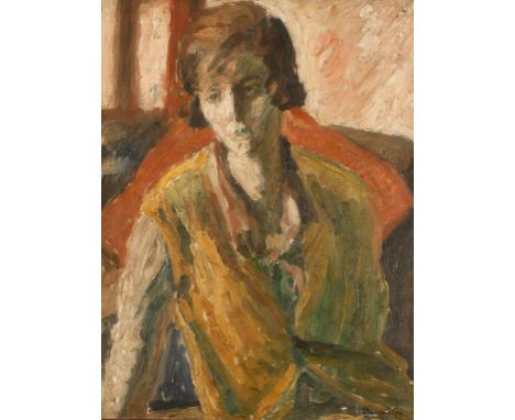 •RONALD OSSARY DUNLOP (1894-1973) Portrait of a lady wearing a mustard coloured dress, seated in an interior, signed lower ri