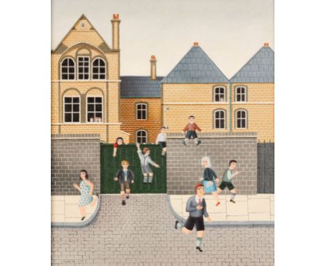 •MICHAEL QUANNE (1941-) 'The school gate', signed and date 78' lower left, oil on canvas board, 23.25" x 19.25" 