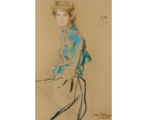 BRIAN STONEHOUSE (1918-1998) Portrait of a woman in turquoise blouse, seated, signed and dated 1981 lower right, coloured pas