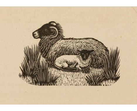 •RICHARD SHIRLEY SMITH (1935 -) A wood engraving print of a sheep with its' lamb, 2" x 2.75", a similar wood engraving of hay