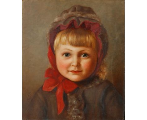 ENGLISH SCHOOL, 19th century A portrait of a young girl wearing a fur-lined bonnet with red bow, monogrammed VS and dated 188