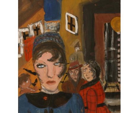 BRITISH SCHOOL, 20th century Lady in the street wearing a blue coat with figures beyond, unsigned but possibly by Stanley Dys