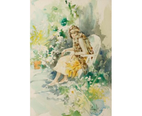 •GORDON KING (1939-) Portrait of a lady seated on a deckchair in a garden wearing a fur stole, signed lower right, watercolou