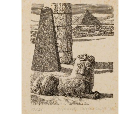 •RICHARD SHIRLEY SMITH (1935 -) A limited edition wood engraving print of an Egyptian scene with pyramids to the distance, nu