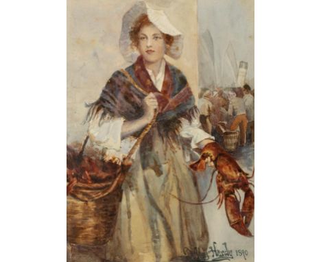 DUDLEY HARDY (1865-1922) Three-quarter length portrait of a woman wearing a bonnet, holding a fisherman's basket and a lobste