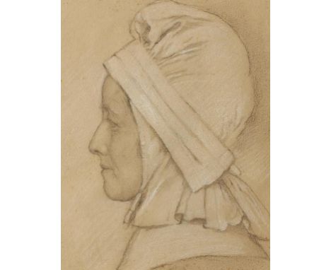 CIRCLE OF JEAN FRANCOIS MILLET (1814-1875) Side profile portrait of a woman wearing a bonnet, charcoal heightened with white 