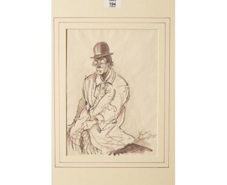 MANNER OF EDWARD SEAGO (1910-1974) "Victor" - three quarter length portrait of the clown, titled and signed lower right, plum