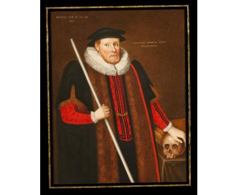 GEORGE PERFECT HARDING (1780-1853) A Momento Mori portrait of a 17th century gentleman holding a staff and skull, signed lowe