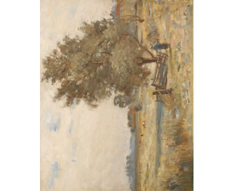 ENGLISH SCHOOL, 19th/20th century A woman standing by a broken gate beneath a tree, oil on canvas, 16" x 20"