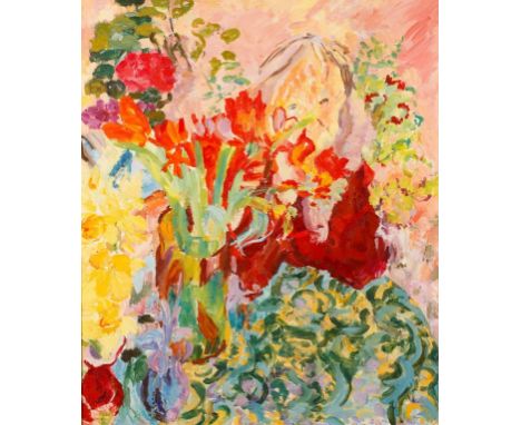 BARBARA STEEL, 20th century A portrait study of John Fowles's mother-in-law partly obscured by flowers, indistinctly signed l