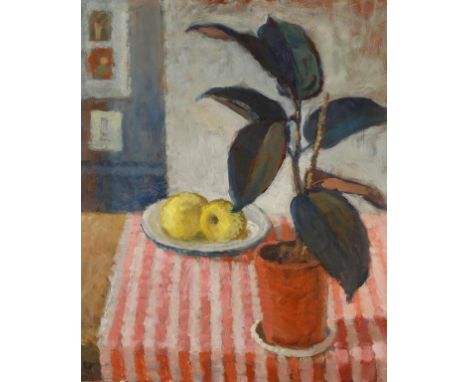 •EVA MACKINNON (1909-1999) "Still life with castor oil plant", oil on board, 21.25" x 17.25", and "Topsy", a pastel sketch of