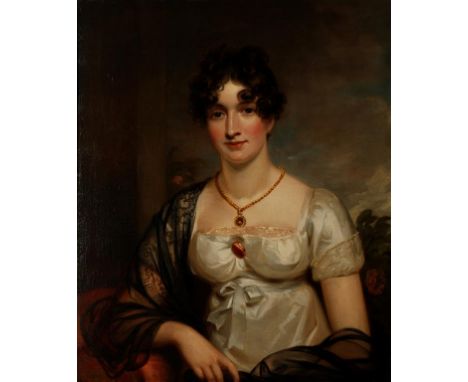 ENGLISH SCHOOL, circa 1815 A portrait of a woman wearing a locket and black lace shawl, oil on canvas, 29.5" x 24.5". See ill