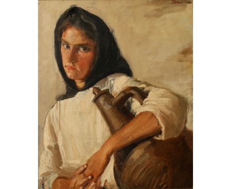 •AUGUSTUS JOHN OM RA (1878-1961) A portrait study of a gypsy girl holding a large ewer, signed upper right, oil on canvas, 25