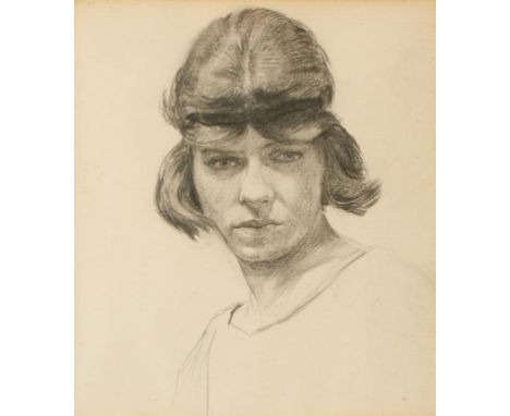 ENGLISH SCHOOL, c.1920 A facing portrait of a woman wearing a 1920's headband, pencil on paper, 5.25" x 4.5".  Provenance: Th