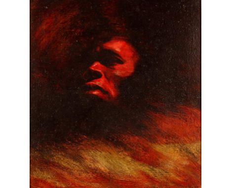 •HYMAN SEGAL (1914-2004) "A wind is rising", a profile portrait of a figure with a red face, signed lower right, oil on board