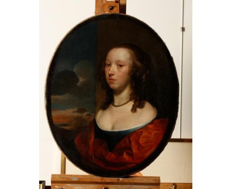ENGLISH SCHOOL, 17th century An oval portrait study of a young lady wearing a pearl necklace and pearl earrings, with an exte