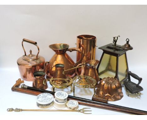 A 19th century Tunbridgeware snuff box, a quantity of 19th century and later copper, to include a kettle, jugs, a jelly mould