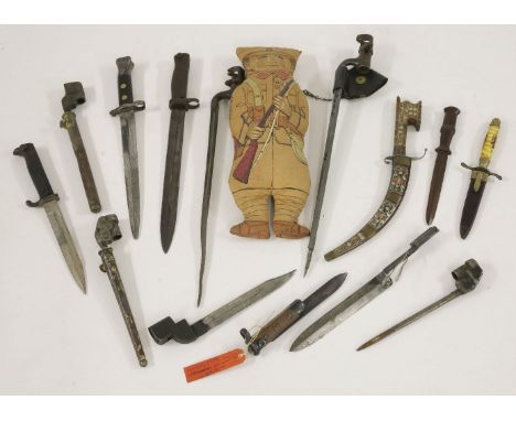 A French model 1842 Yataghan sword bayonet, two 19th century socket bayonets, three pig stick bayonets, an Italian Beretta ba